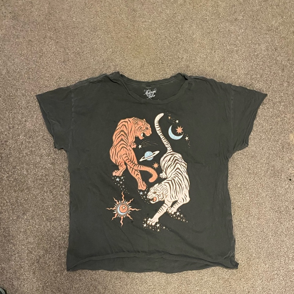Free People x Midnight Rider Black Tee with Tigers and Cosmic Design